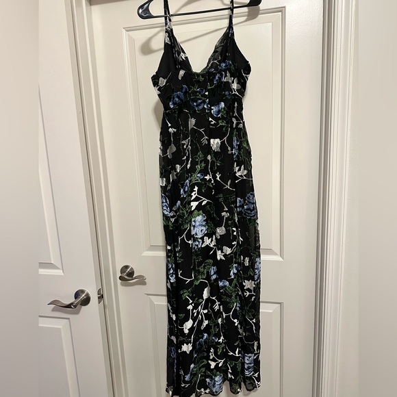 Lulu’s black chiffon dress w/green, silver & ashy blue velvet details, size XL. - Picture 2 of 5